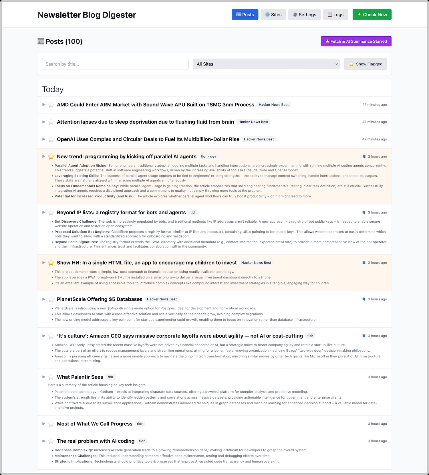 Posts View showing all extracted blog posts with expandable cards