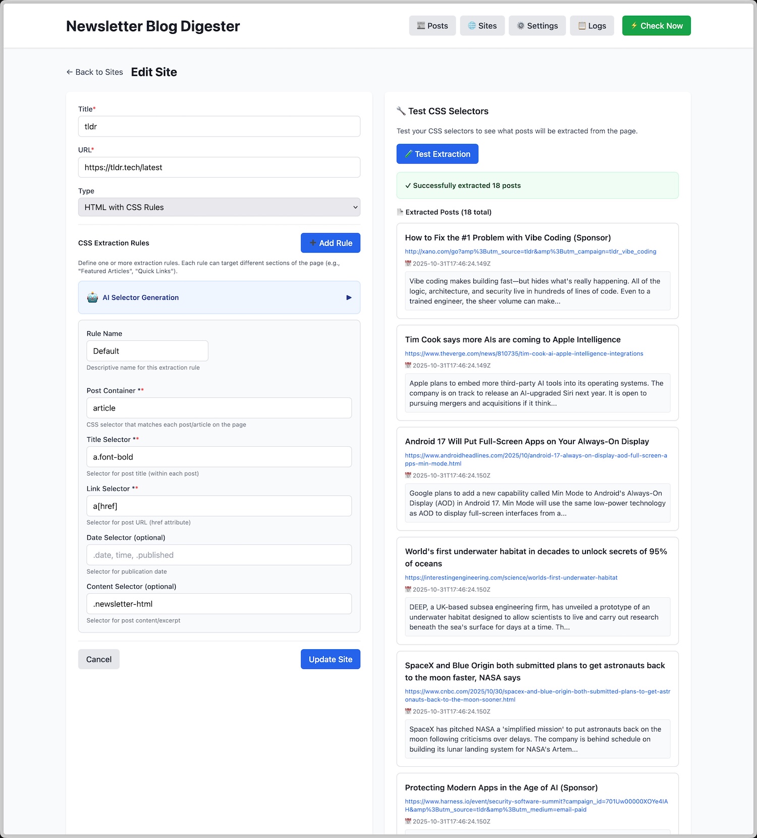 Site configuration interface showing CSS selector and LLM extraction options