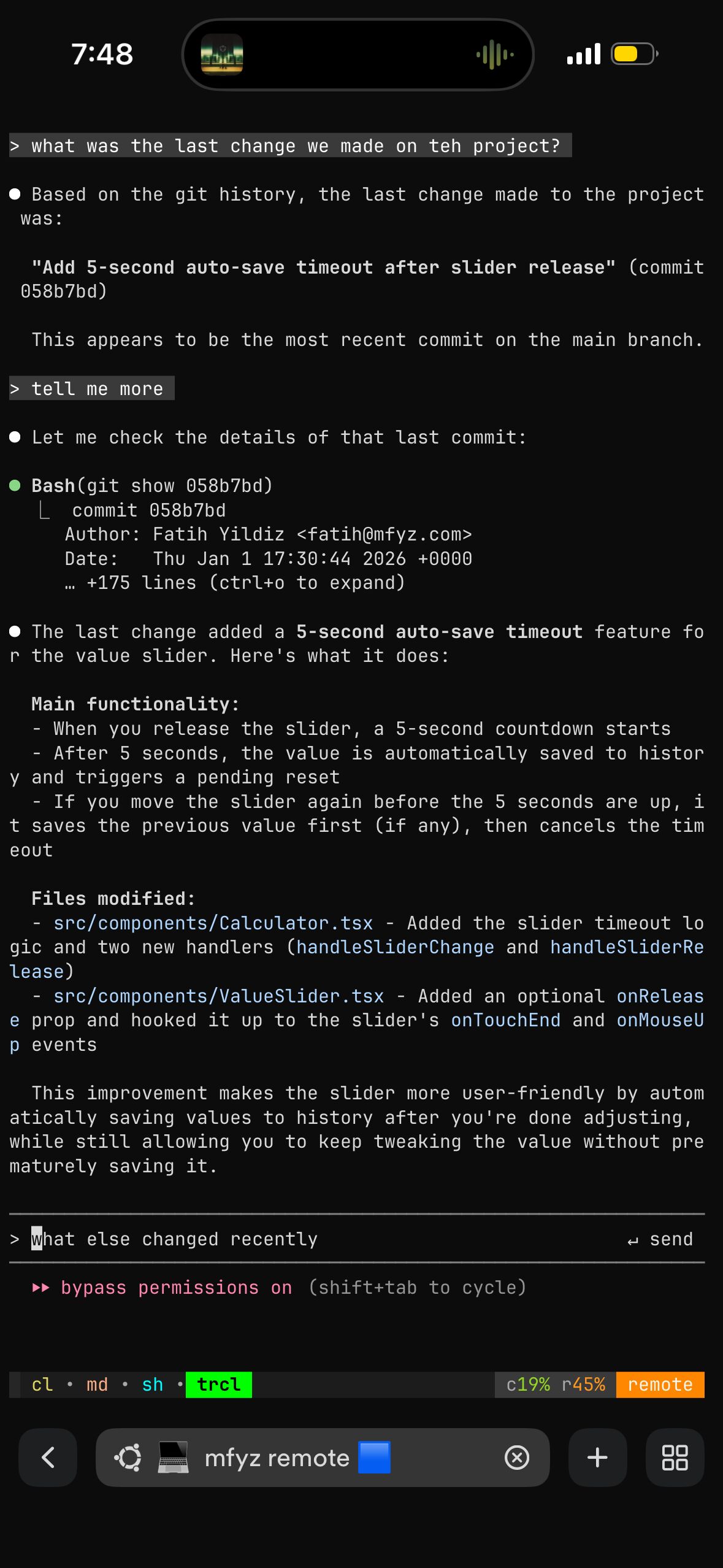 Claude Code running in Terminus on iPhone, showing a conversation about recent project changes