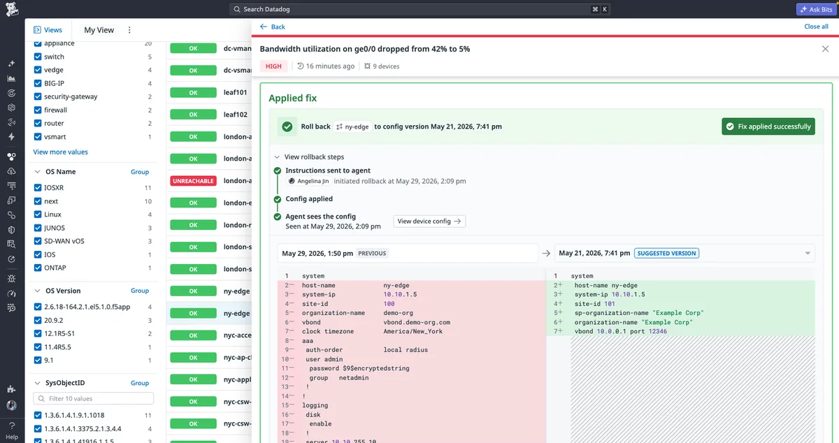 Datadog network configuration rollback view showing agent instructions, applied fix, and a config diff
