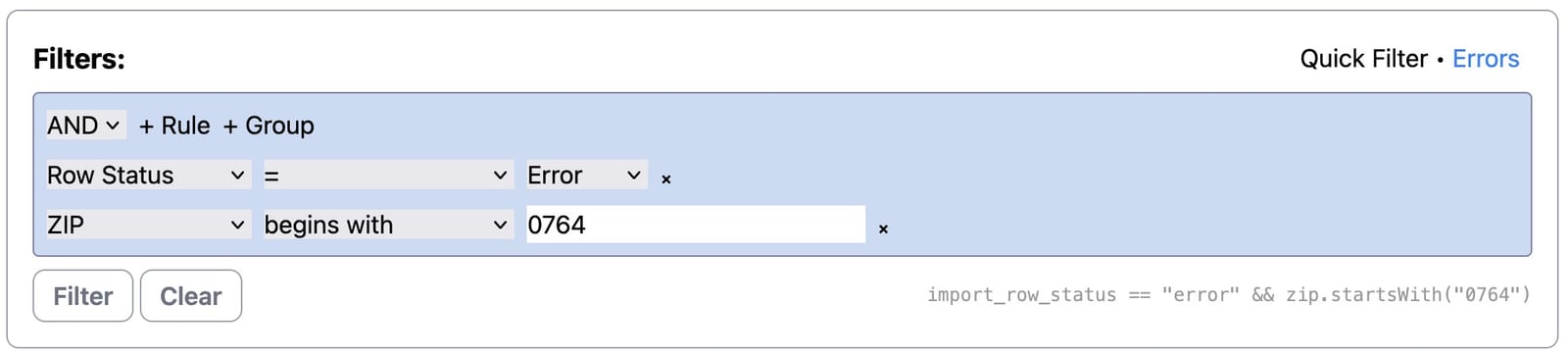 Importer filtering interface used to preview only the rows matching specific conditions