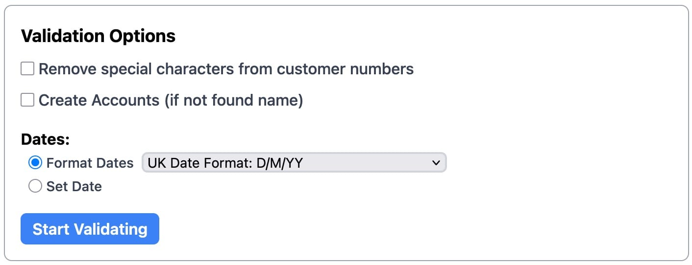 Validation options panel for an importer with predefined transformation settings before validation
