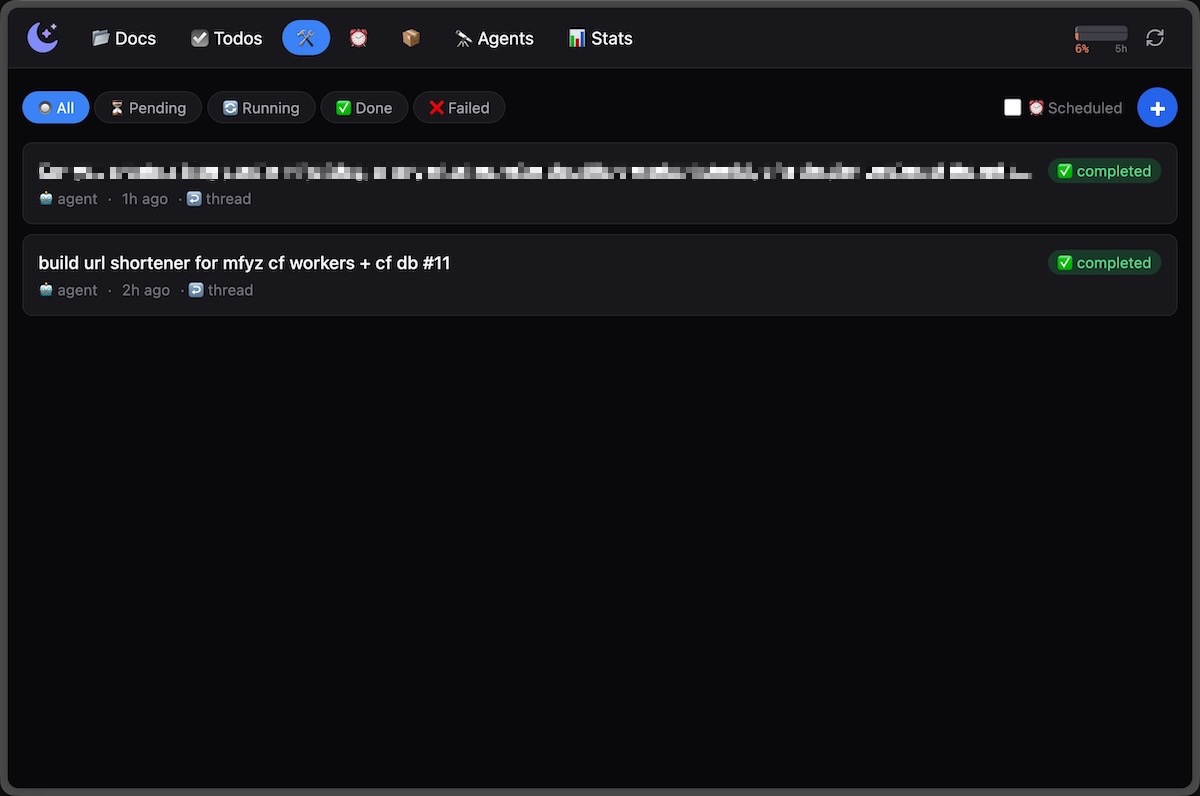 Task manager dashboard showing completed agent tasks