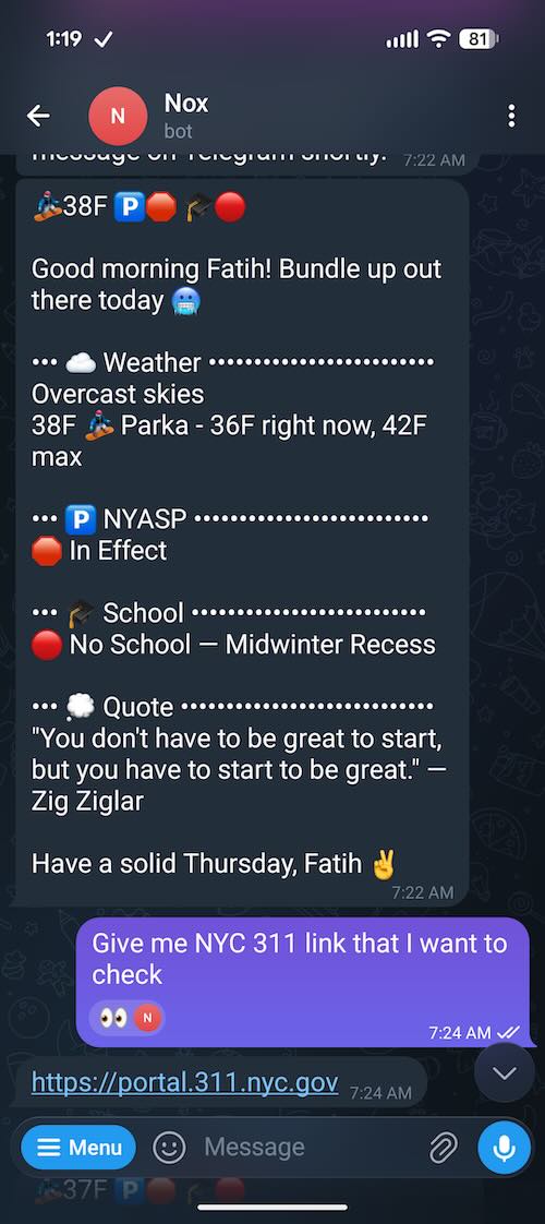 Telegram bot delivering a morning briefing with weather, alerts, and responding to a task request