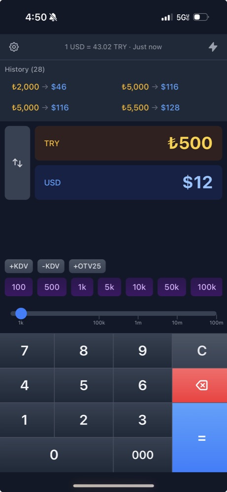 TRCalc currency calculator interface showing bidirectional conversion