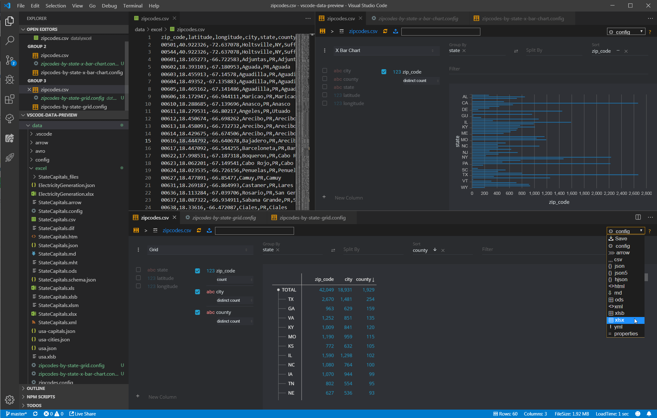 Data Preview showing a CSV file in a grid view inside VS Code