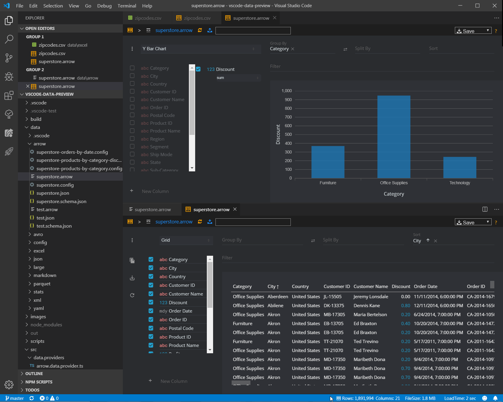 Data Preview showing chart and grid views inside VS Code