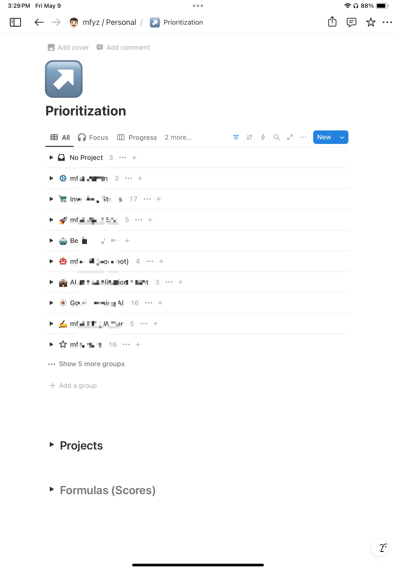 List of tasks grouped by projects. All groups are collapsed, so only the project list-like list is showing. But manually sorted by importance, each collapsed row shows how many tasks in each group. In the same page, a collapsed toggle heading shows list of projects, and another collapsed toggling heading shows 'Formulas' that shows the source of formulas