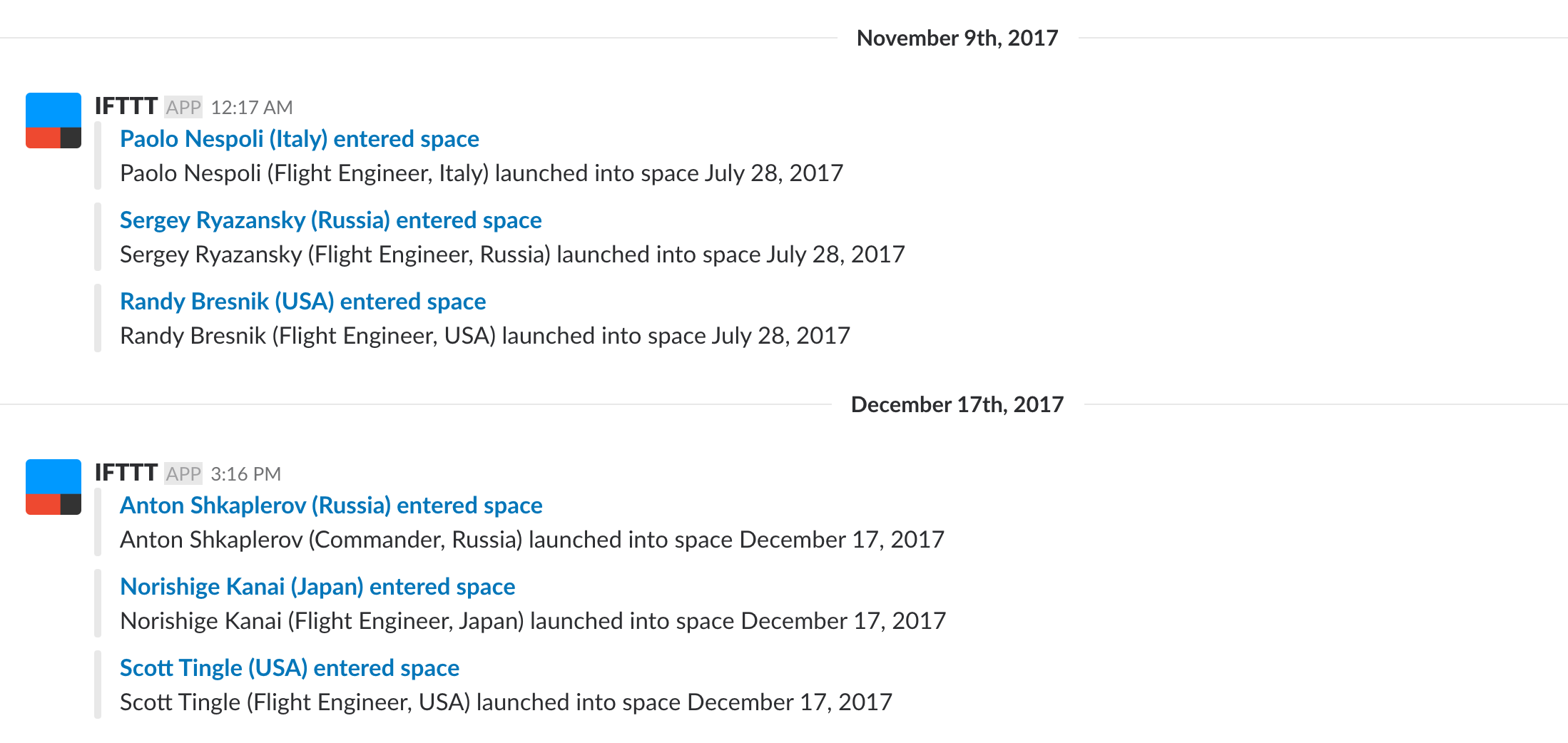 Slack Channel with Space Activities