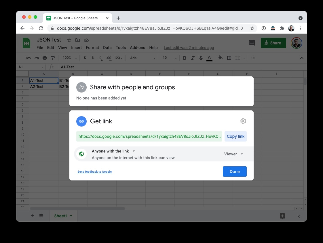 google sheet share dialog with public link