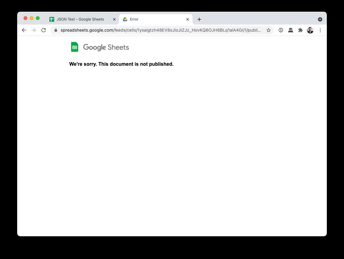 google sheets not published document error